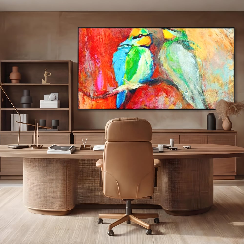 Tablou canvas cu tablou canvas cu doua pasari colorate pe creanga, in rama de aluminiu negru, pe perete intr-un birou